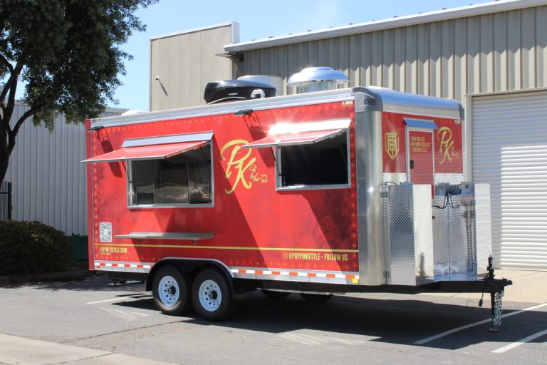 18ft kettle corn food trailer with dual service windows and aluminum front storage compartments