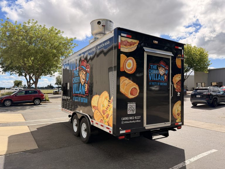 Custom 16ft British food trailer black 3M vinyl wrap rear view San Jose CA – The Cheeky Villan