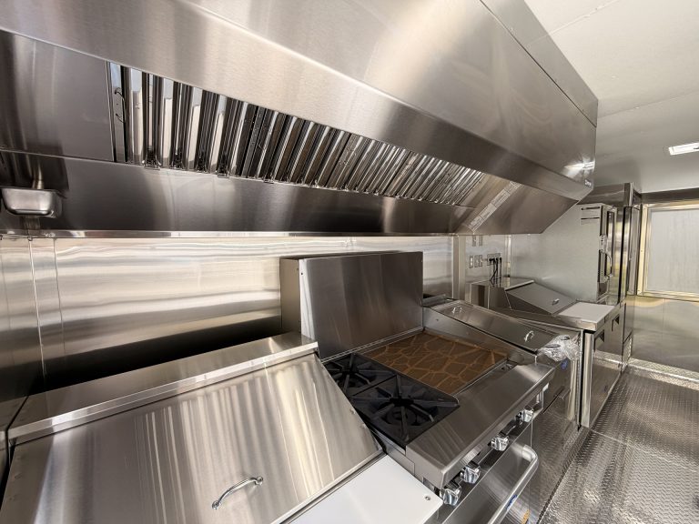 Food trailer commercial exhaust hood with ansul fire suppression system and gas range cooking line stainless steel interior