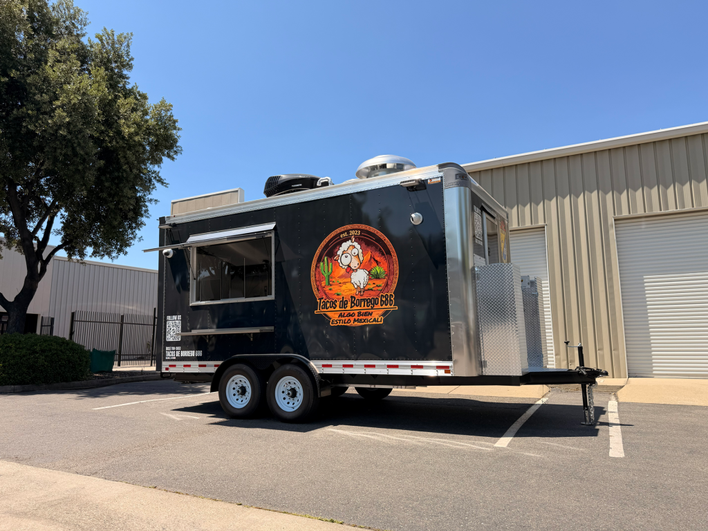 Tacos de Borrego 686 black food trailer, a custom food truck design for a Mexican street food concept.