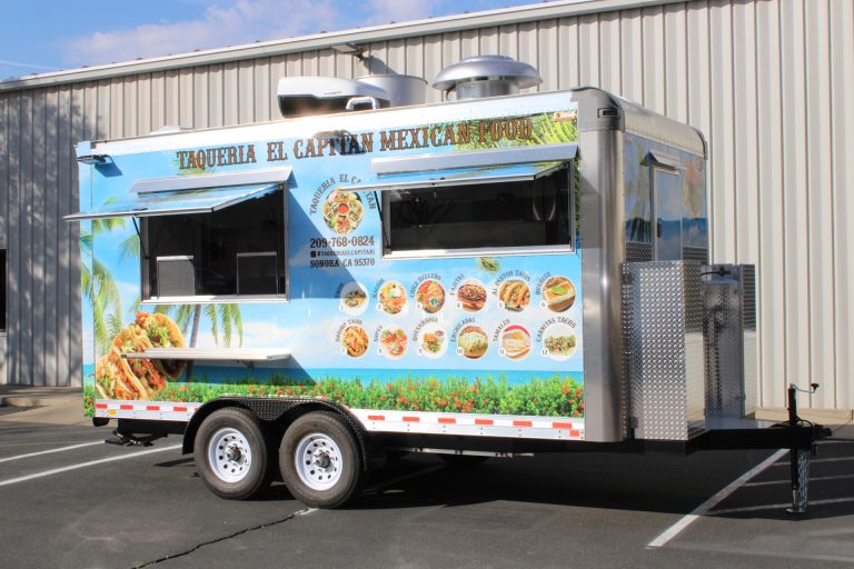 Taqueria El Capitan food trailer in a tropical beach wrap with menu photos and serving windows