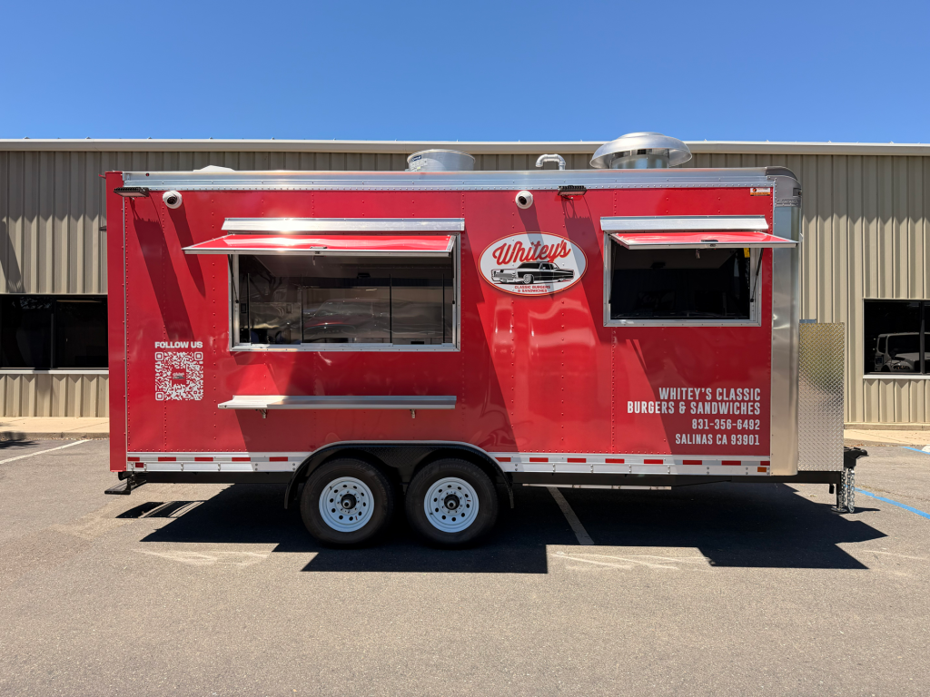 Whitey’s Classic Burgers & Sandwiches red food trailer, a custom food truck design for a burger and sandwich concept.