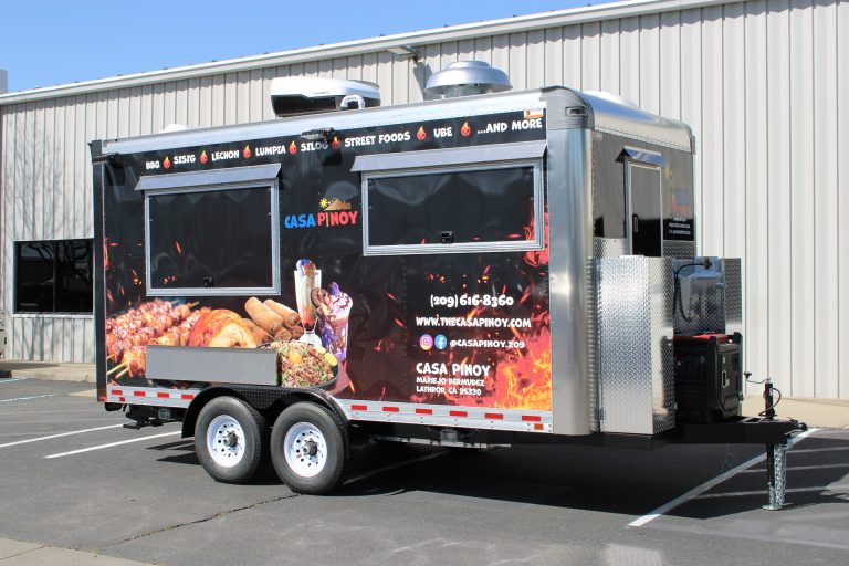 Casa Pinoy food trailer in a black flame wrap with Filipino dishes and two serving windows