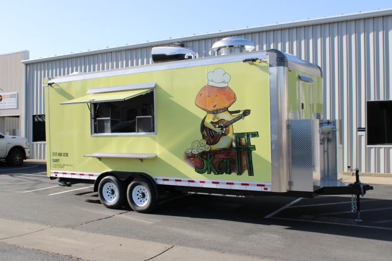 Skarff food trailer in a yellow-green wrap with a guitar-playing chef cartoon and serving window