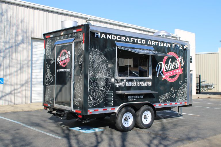 16ft pizza food trailer with artisan pizza wrap and concession window in Hills California