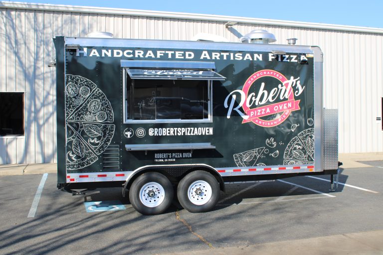 16ft pizza food trailer with artisan pizza graphics and serving window in Hills California