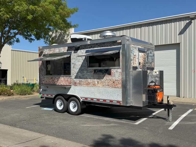16ft golf course food trailer with stone texture wrap and dual concession windows in Browns Valley CA