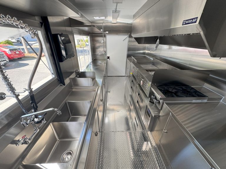 16ft churro food trailer interior full length service window to rear view Captive-Aire hood sink cook line - Sweetheart Churro Co Minden NV Golden State Trailers