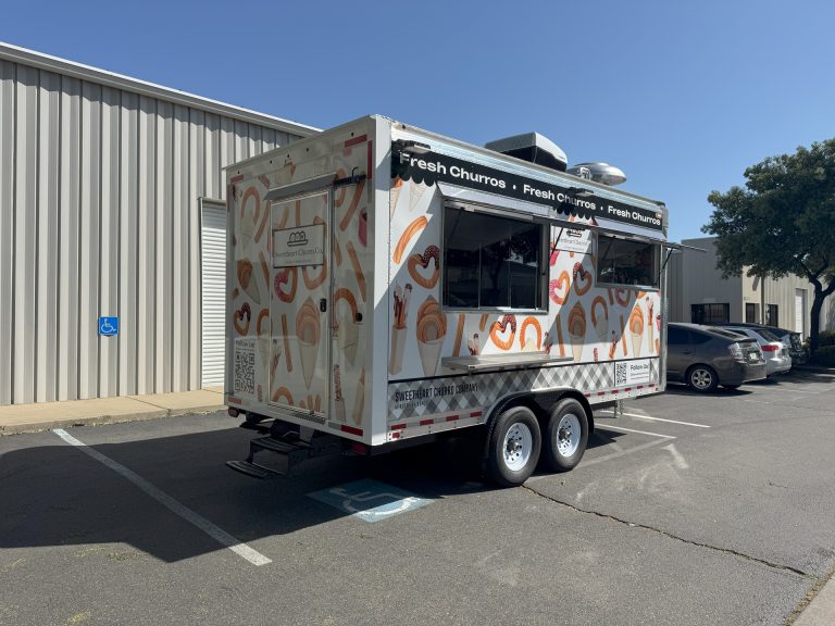 16ft churro food trailer full driver side street view white 3M wrap fresh churros branding - Sweetheart Churro Co Minden NV Golden State Trailers