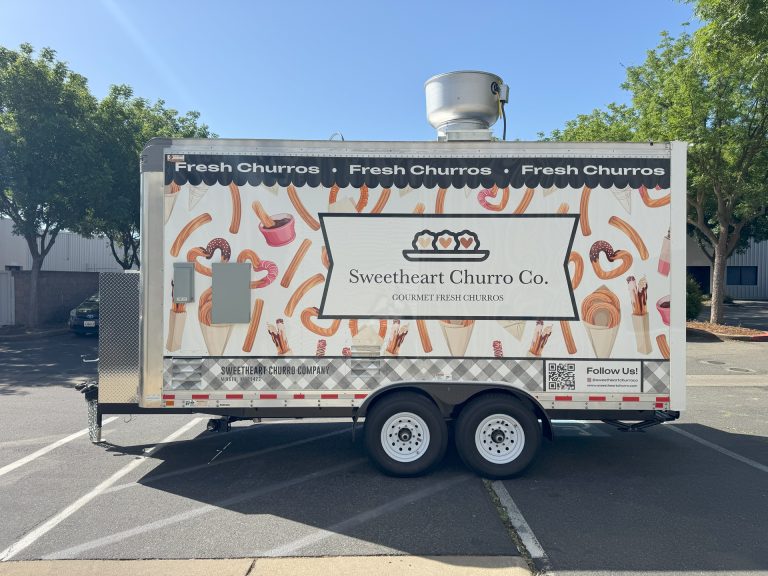 16ft churro food trailer full rear exterior view white wrap Sweetheart Churro Co logo branding - Minden NV Golden State Trailers