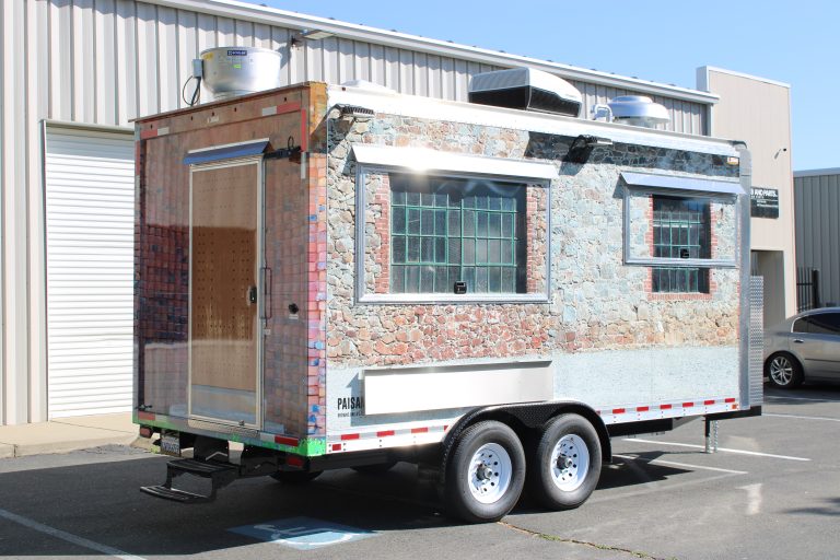 16ft golf course food trailer with stone texture wrap and rooftop ventilation in Browns Valley California