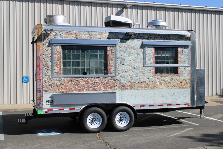 16ft golf course food trailer with stone texture wrap and tandem axle chassis in California