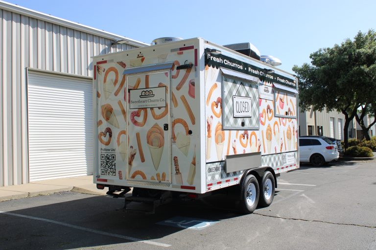 16ft churro food trailer rear driver side three-quarter view white wrap QR code logo - Sweetheart Churro Co Minden NV Golden State Trailers