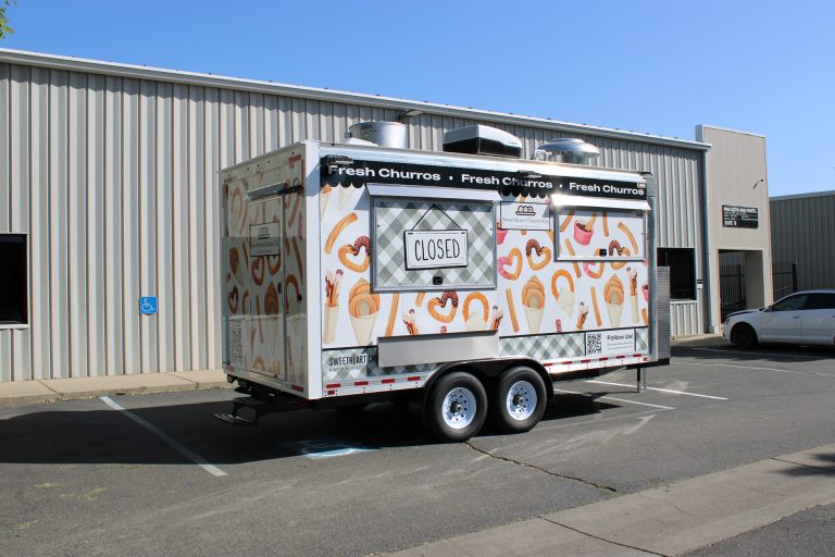 16ft churro food trailer passenger side closed sign service window white churro wrap - Sweetheart Churro Co Minden NV Golden State Trailers