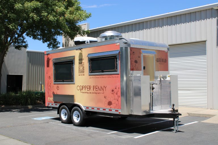 16ft bar and grill food trailer rear three-quarter view terracotta gold 3M wrap - Copper Penny Silver Dollar Saloon Marysville CA