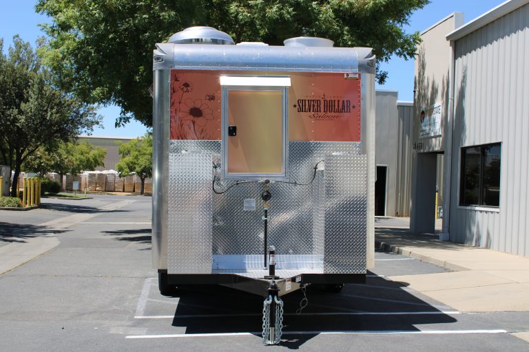 16ft bar and grill food trailer full rear exterior view aluminum panels Silver Dollar branding - Copper Penny Marysville CA Golden State Trailers