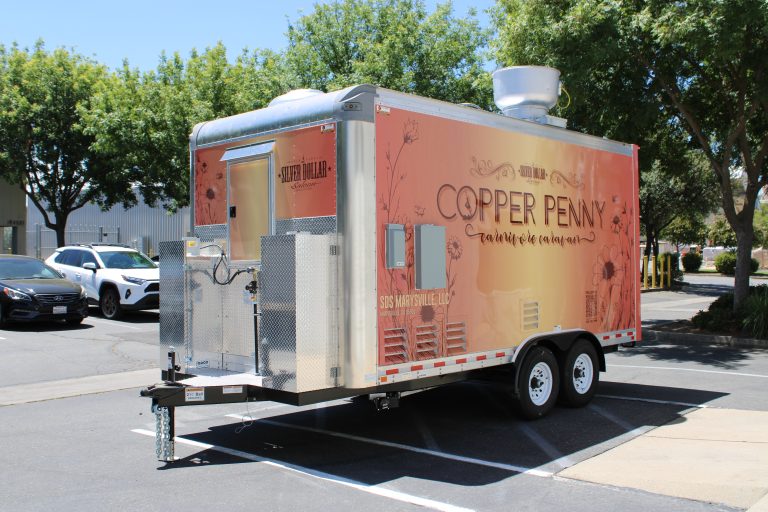16ft bar and grill food trailer full passenger side street view terracotta orange wrap - Copper Penny Silver Dollar Saloon Marysville CA