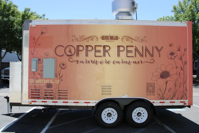 16ft food trailer full driver side branding view Copper Penny gold wrap floral design - Silver Dollar Saloon Marysville CA Golden State Trailers