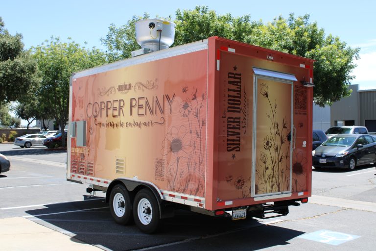 16ft food trailer rear driver side view Silver Dollar branding terracotta wrap - Copper Penny Marysville CA Golden State Trailers
