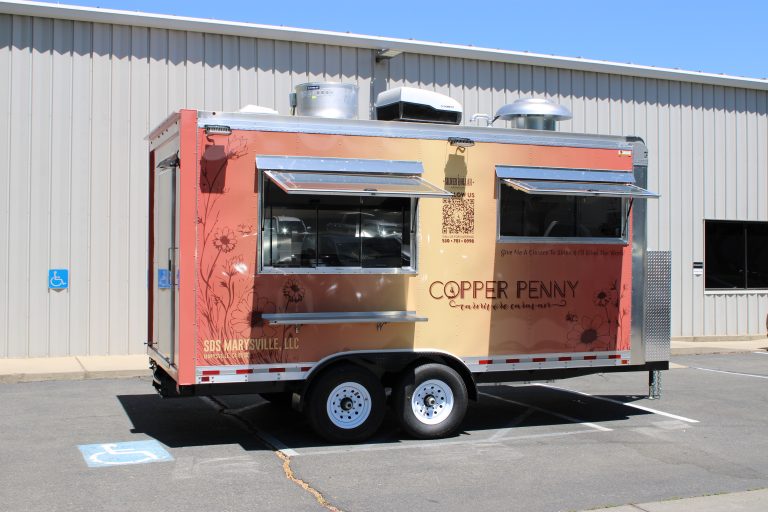 16ft bar and grill food trailer passenger side view warm terracotta gold 3M wrap - Silver Dollar Saloon Copper Penny Marysville CA