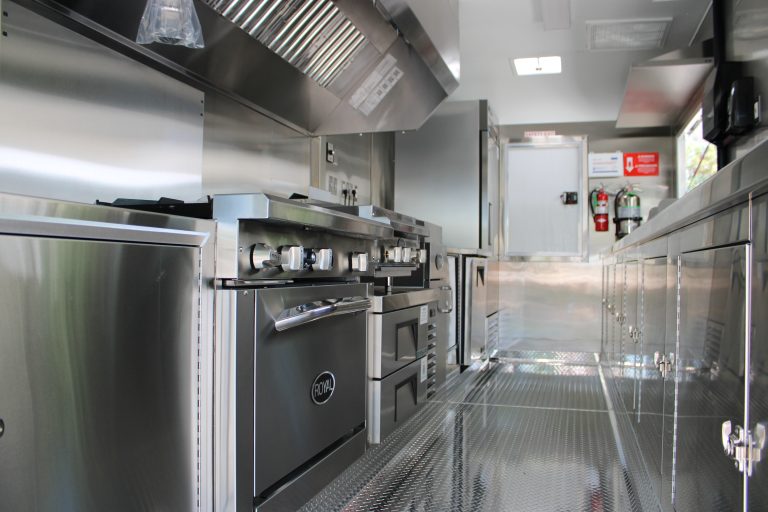 16ft food trailer interior commercial range oven hood system stainless steel - Copper Penny Silver Dollar Saloon Marysville CA Golden State Trailers