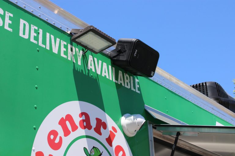 exterior light fixture mounted on a custom pizza food trailer