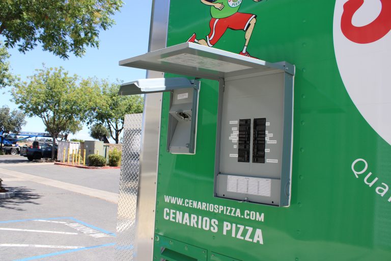 exterior service access panel on custom pizza food trailer