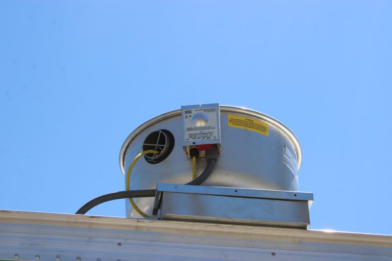 roof-mounted exhaust fan on commercial pizza food trailer