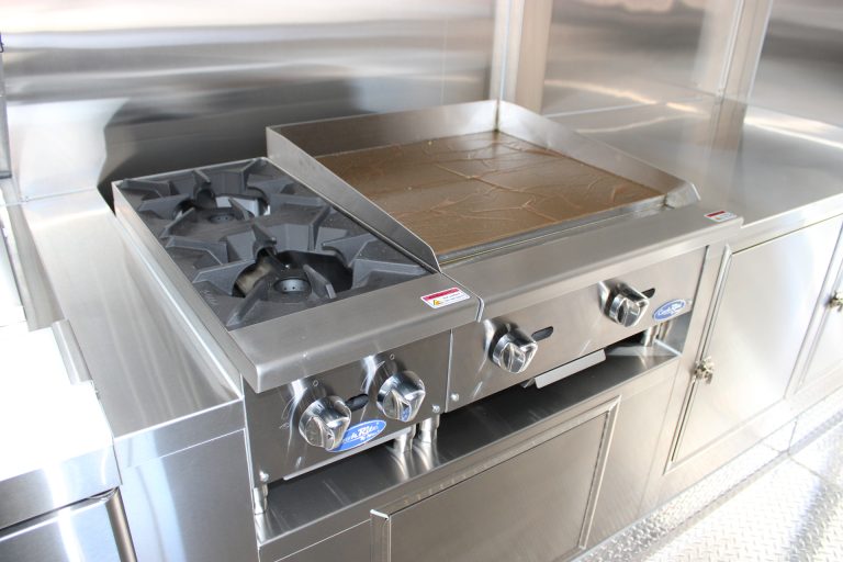 commercial hot plates inside custom pizza food trailer