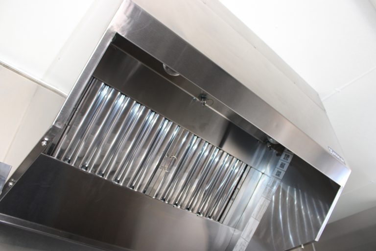stainless steel hood filters inside commercial pizza food trailer