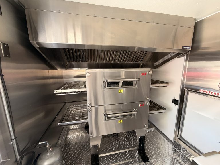 double-stack pizza oven inside custom commercial pizza trailer