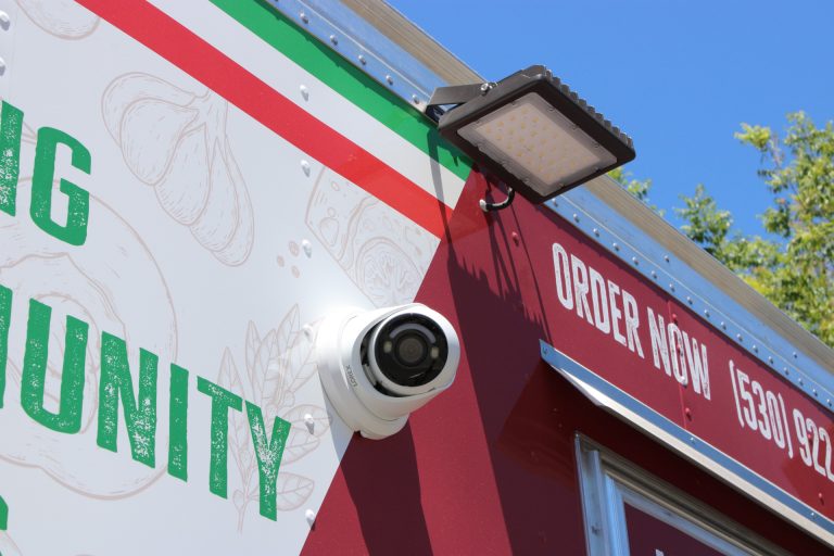 exterior light and security camera on commercial pizza trailer