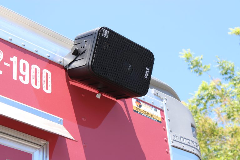 security camera system on custom pizza food trailer exterior