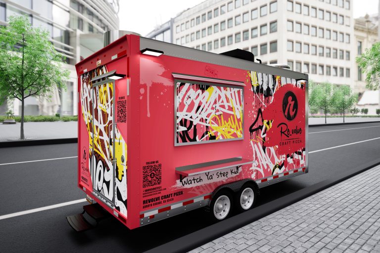 Revolve Craft Pizza trailer rear side view with graffiti wrap