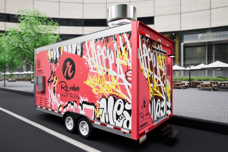 Revolve Craft Pizza food trailer rear three quarter view