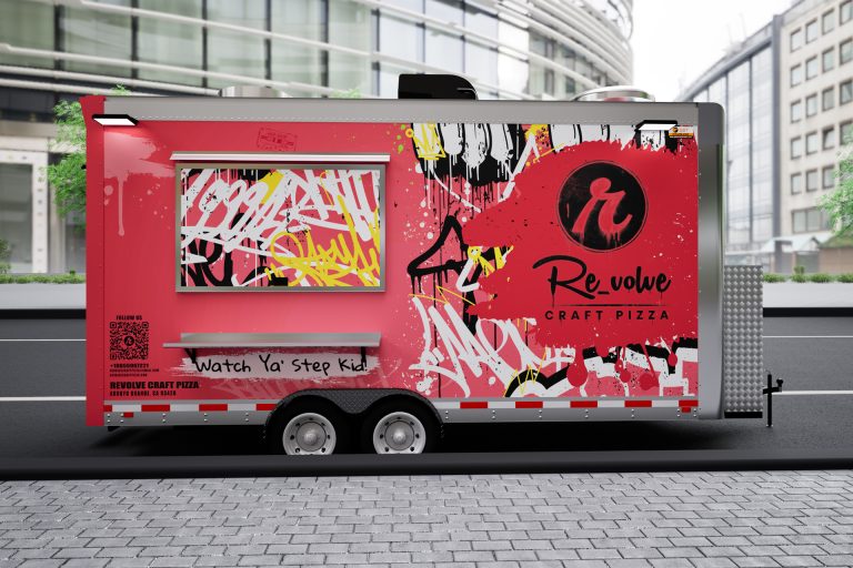 Revolve Craft Pizza food trailer with red graffiti wrap exterior