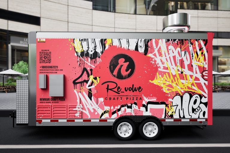 Revolve Craft Pizza food trailer full side view with graffiti wrap