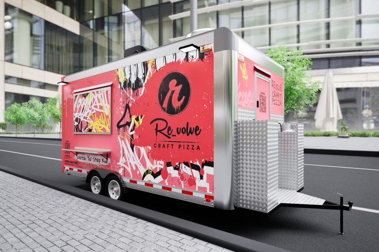 Revolve Craft Pizza food trailer rear three quarter view