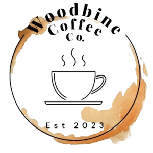 Woodbine Coffee Co food trailer brand logo circular coffee stain design with steaming cup illustration established 2023 black background
