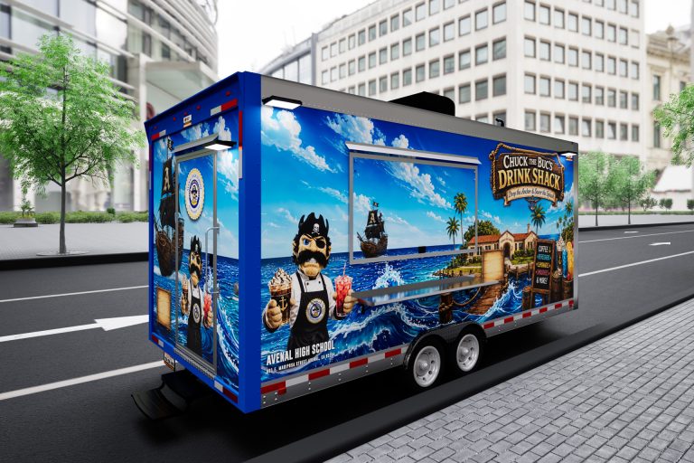 Three-quarter 3D view of the Avenal High School food trailer with service window and custom wrap