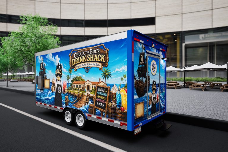 Rear three-quarter 3D view of the Avenal High School food trailer with custom exterior graphics