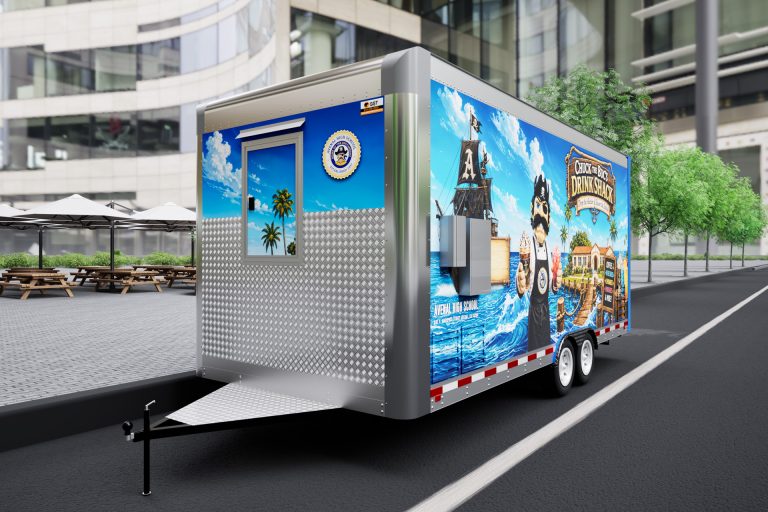 Front three-quarter 3D view of the Avenal High School food trailer with entry door and custom wrap