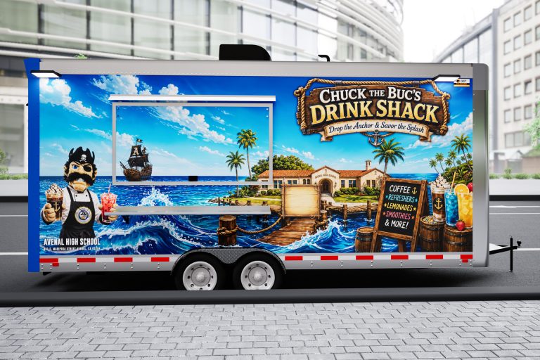 Side 3D view of the food trailer with service window, exterior shelf, and Avenal High School wrap