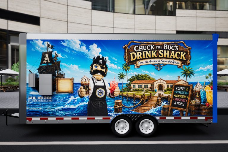 Side profile 3D view of the Avenal High School food trailer with nautical-themed custom wrap
