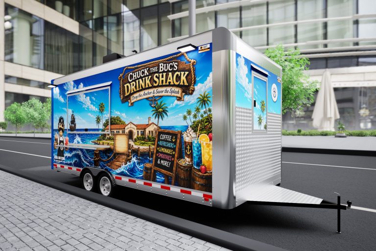 Front three-quarter 3D view of the food trailer with service window and Avenal High School branding