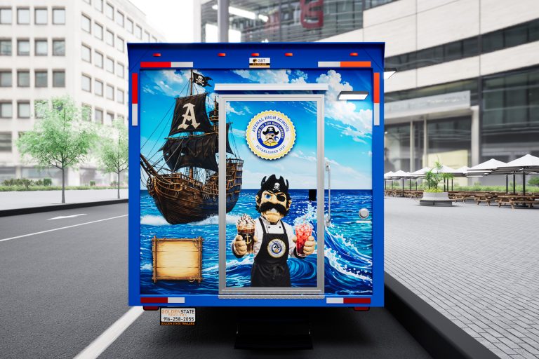 Rear 3D view of the Avenal High School food trailer with branded access door and nautical graphics