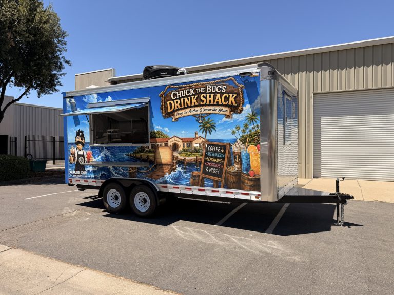 Custom school food trailer with service window and exterior shelf at Avenal High School