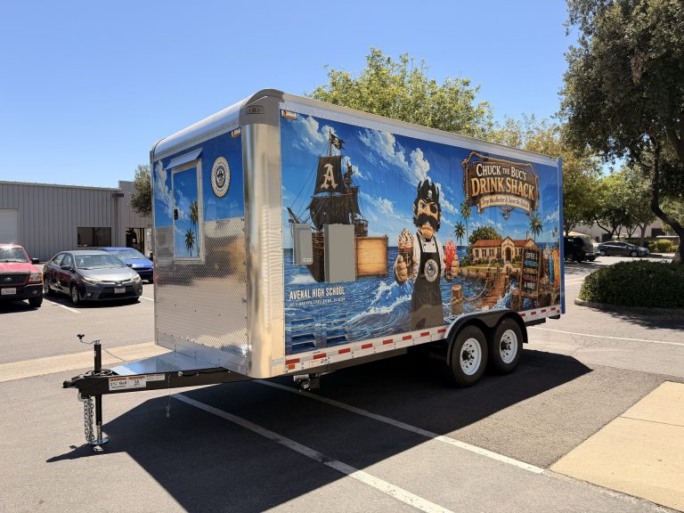 Rear and side view of the custom Avenal High School food service trailer