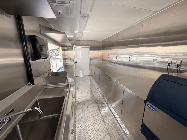 Avenal High School food trailer interior with sanitation station and preparation counter