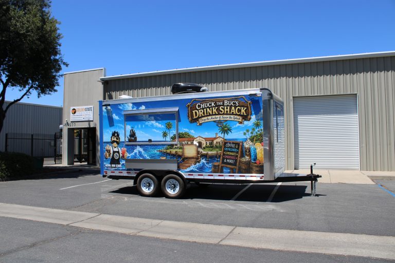 Custom School Food Trailer for Avenal High School shown from the service-side exterior